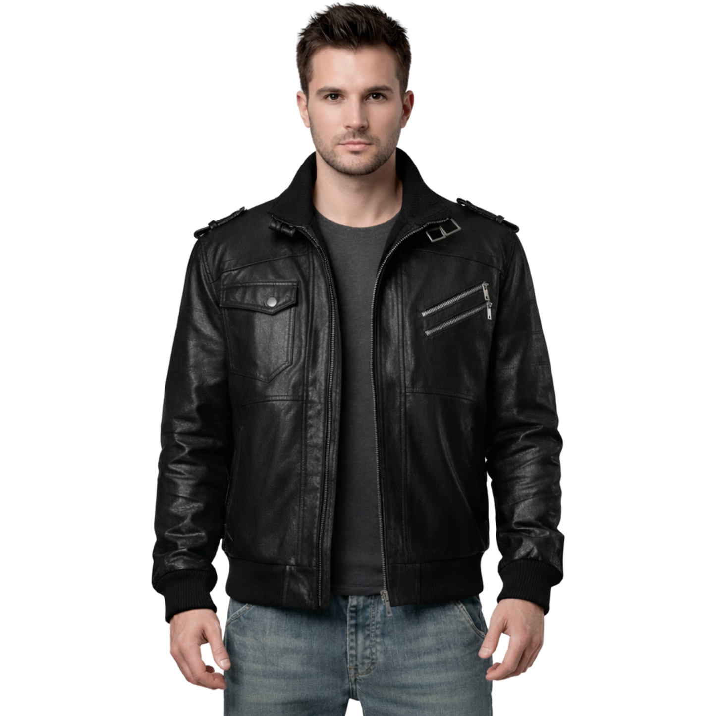 Mens Black Sheepskin Leather Bomber Jacket: Moto Biker with Removable Hood