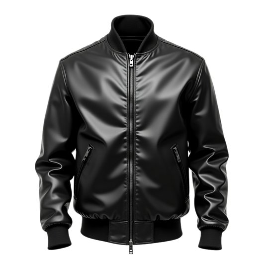 Black Real Leather Bomber Jacket Clean Front Minimalist Design Slim Fit Zipper Pockets Modern Casual Style