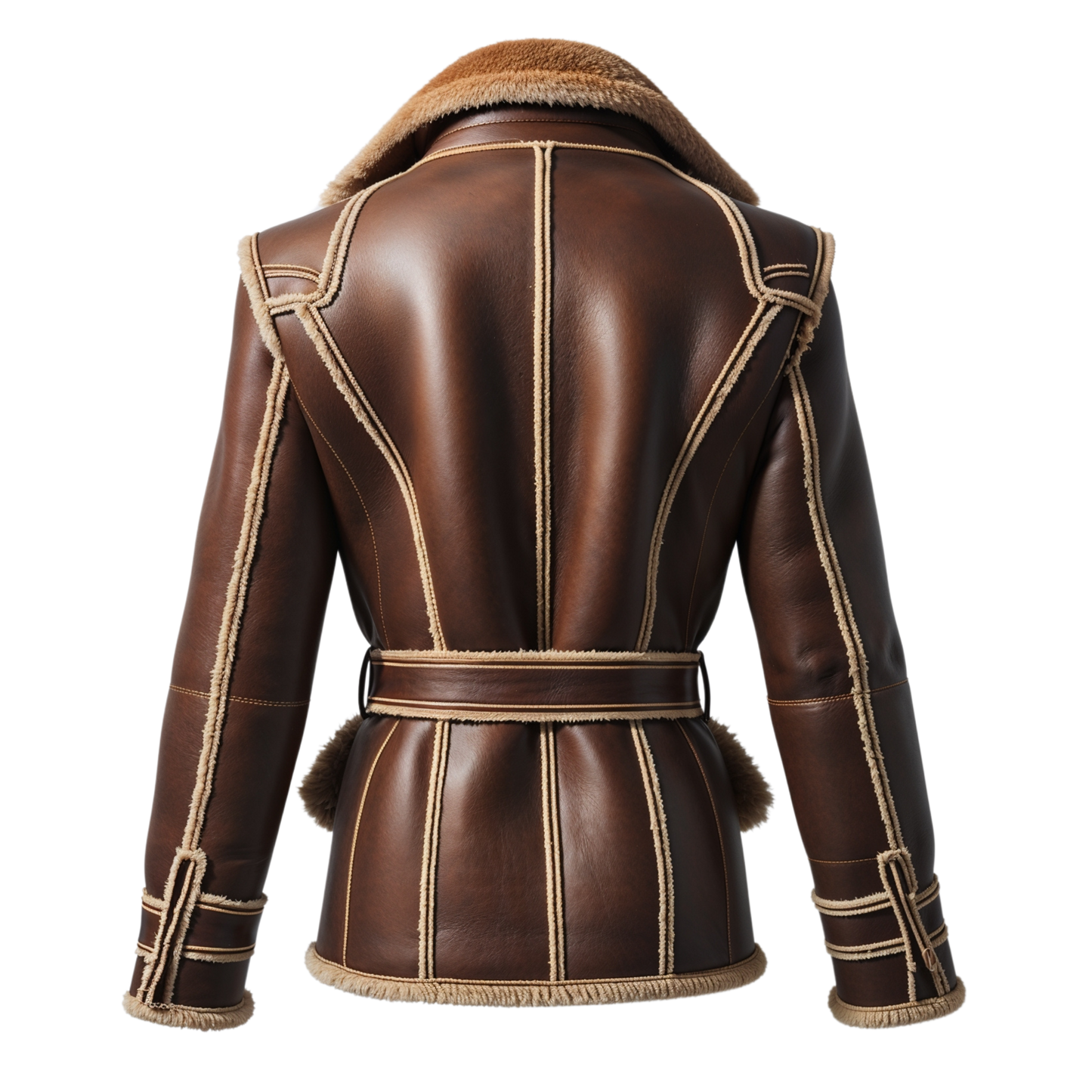 Men Real Shearling Lined Brown Leather Aviator Jacket Wide Lapel Collar Adjustable Waist Belt Winter Style