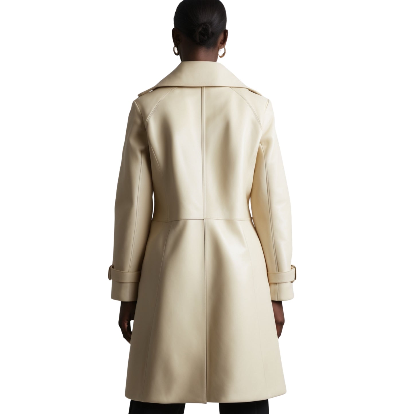 Womens Ivory Real Leather Trench Coat: Long Tailored Overcoat, Wide Lapel, Winter Style