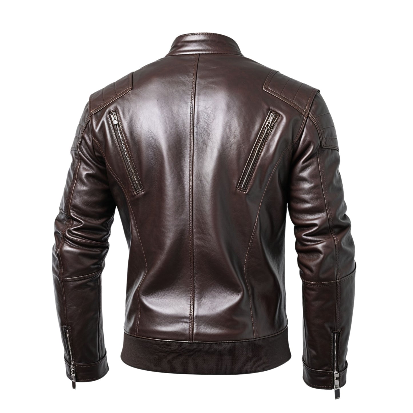 Men's Brown Real Leather Biker Jacket with Quilted Shoulders – Slim Fit Motorcycle Style
