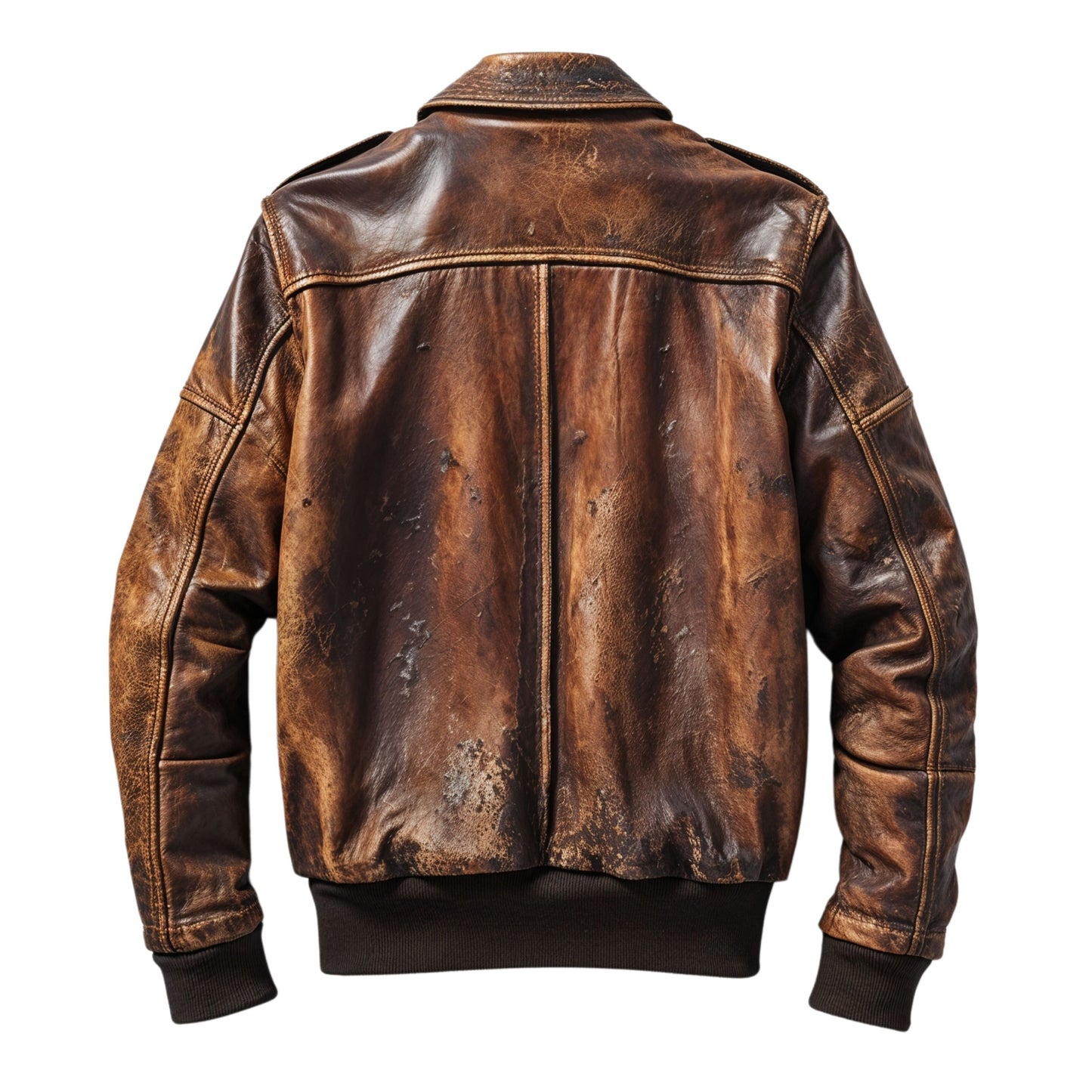 Vintage Brown Distressed Leather Bomber Jacket Classic Zip Front Multiple Pockets Versatile Everyday Style