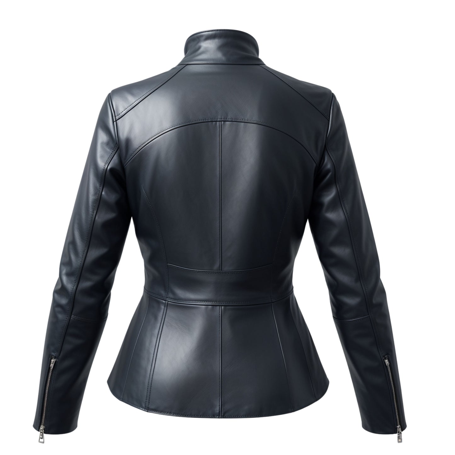Womens Black Real Leather Jacket: Stand Collar Zip Front Moto Style Coat