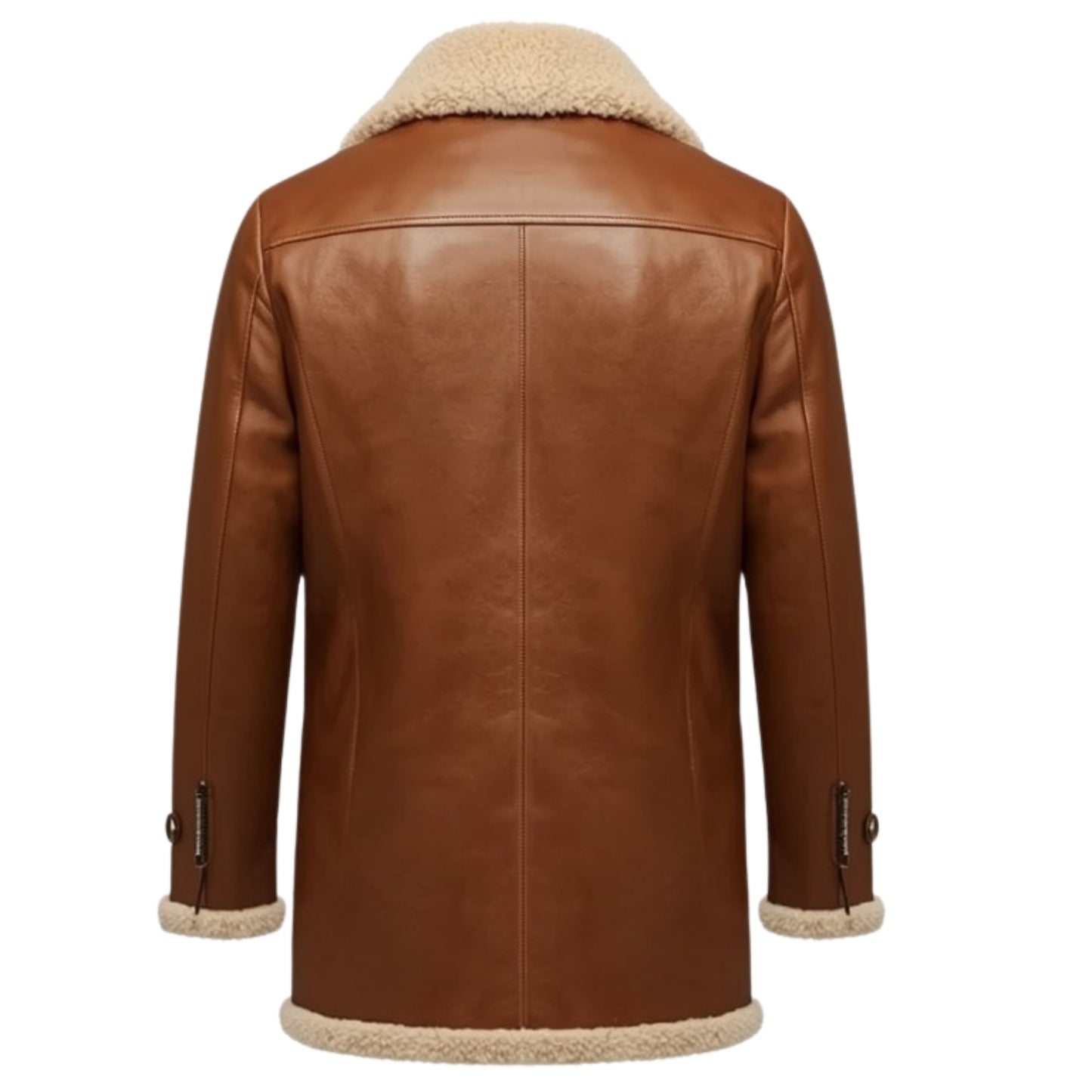 Men's Tan Brown Leather Shearling Coat – Single Breasted Winter Overcoat