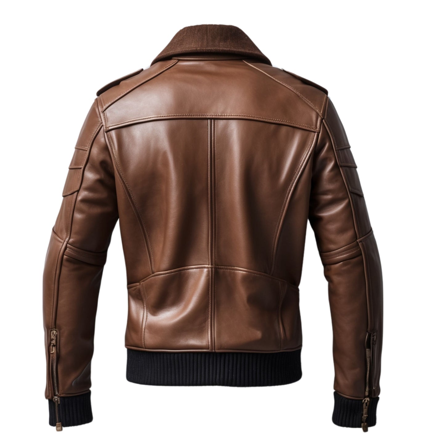 Men's Brown Leather Bomber Jacket: Ribbed Cuffs, Zip Pockets, Classic Style