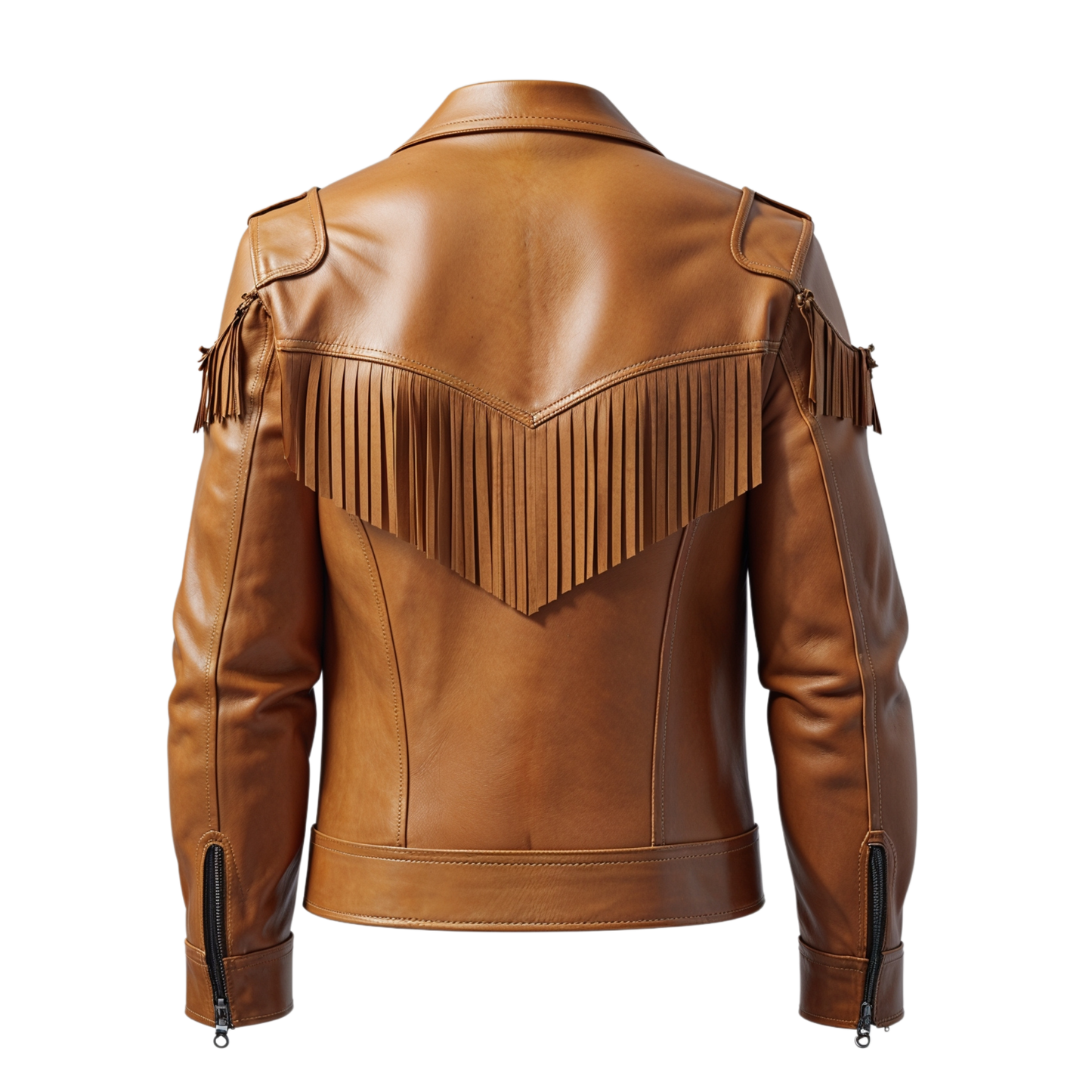 Tan Real Leather Fringe Jacket: Western Cowboy Style Shirt Collar