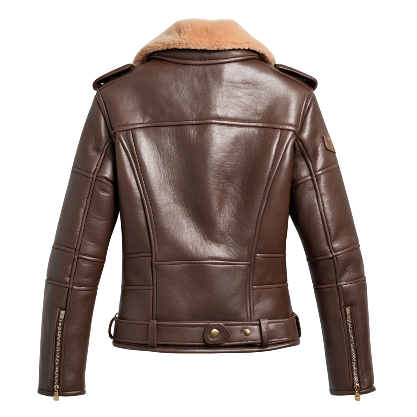 Women's Brown Leather Aviator Jacket with Shearling Collar, Belted Waist Biker Style