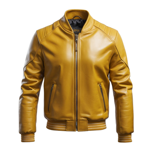Men's Mustard Yellow Real Leather Bomber Jacket with Ribbed Knit Cuffs