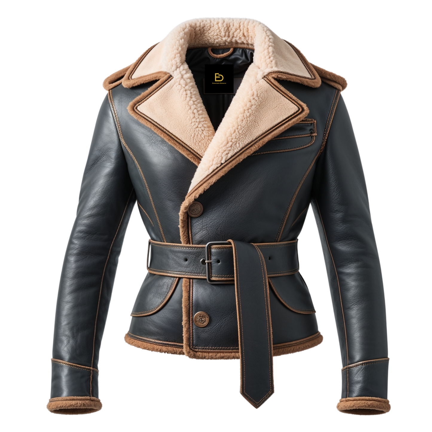 Men Real Shearling Lined Black Leather Aviator Jacket Tan Collar Modern Belted Waist Style Winter Comfort