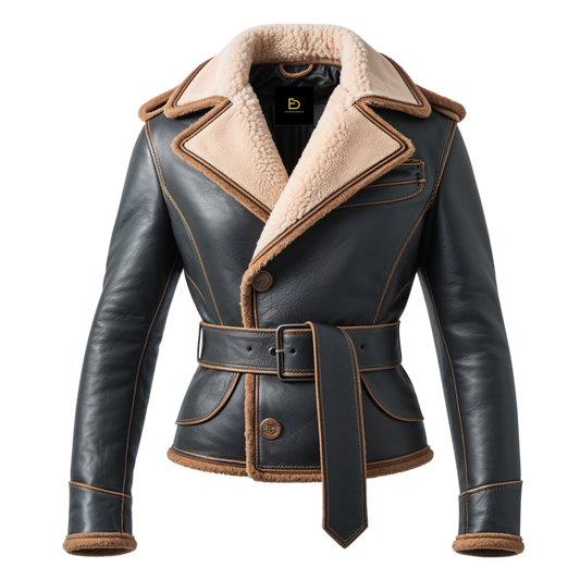 Men Real Shearling Lined Black Leather Aviator Jacket Tan Collar Modern Belted Waist Style Winter Comfort