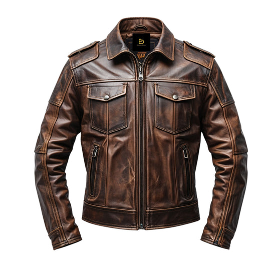 Men's Vintage Brown Real Leather Biker Jacket with Shoulder Epaulets