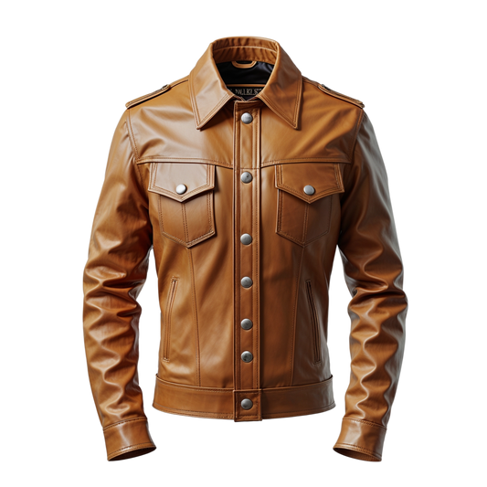 Tan Real Leather Trucker Jacket: Classic Button Front, Shirt Collar, Chest Pockets