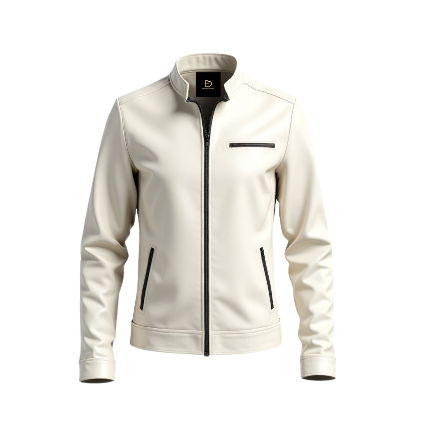 Men's White Real Leather Racer Jacket with Stand Collar and Black Contrast Pockets