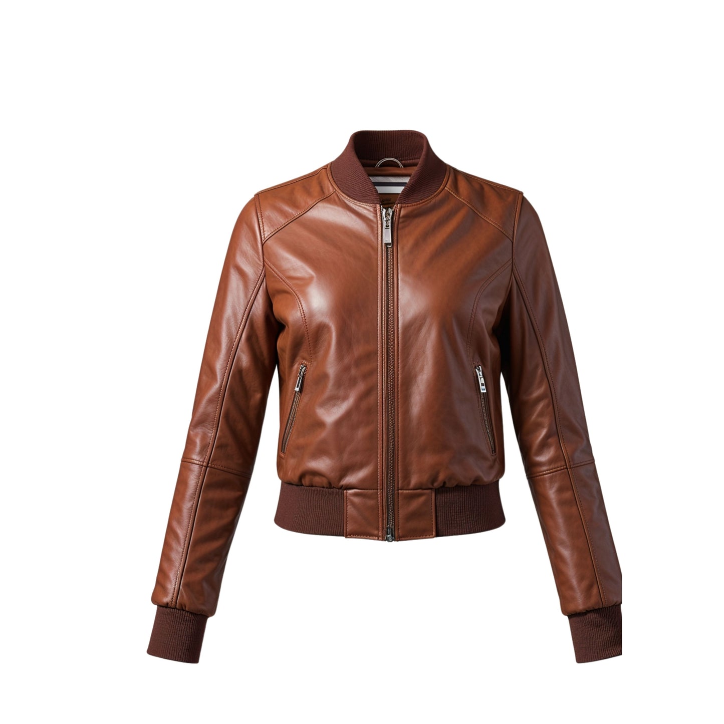 Women Cognac Brown Leather Bomber Jacket Cropped Flight Style Ribbed Collar Zip Pockets