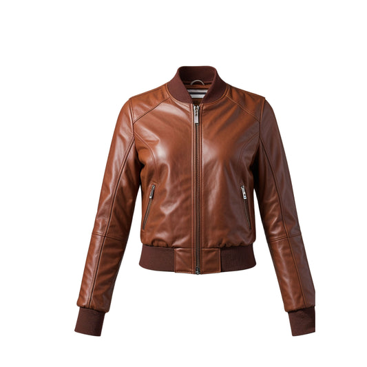 Women Cognac Brown Leather Bomber Jacket Cropped Flight Style Ribbed Collar Zip Pockets
