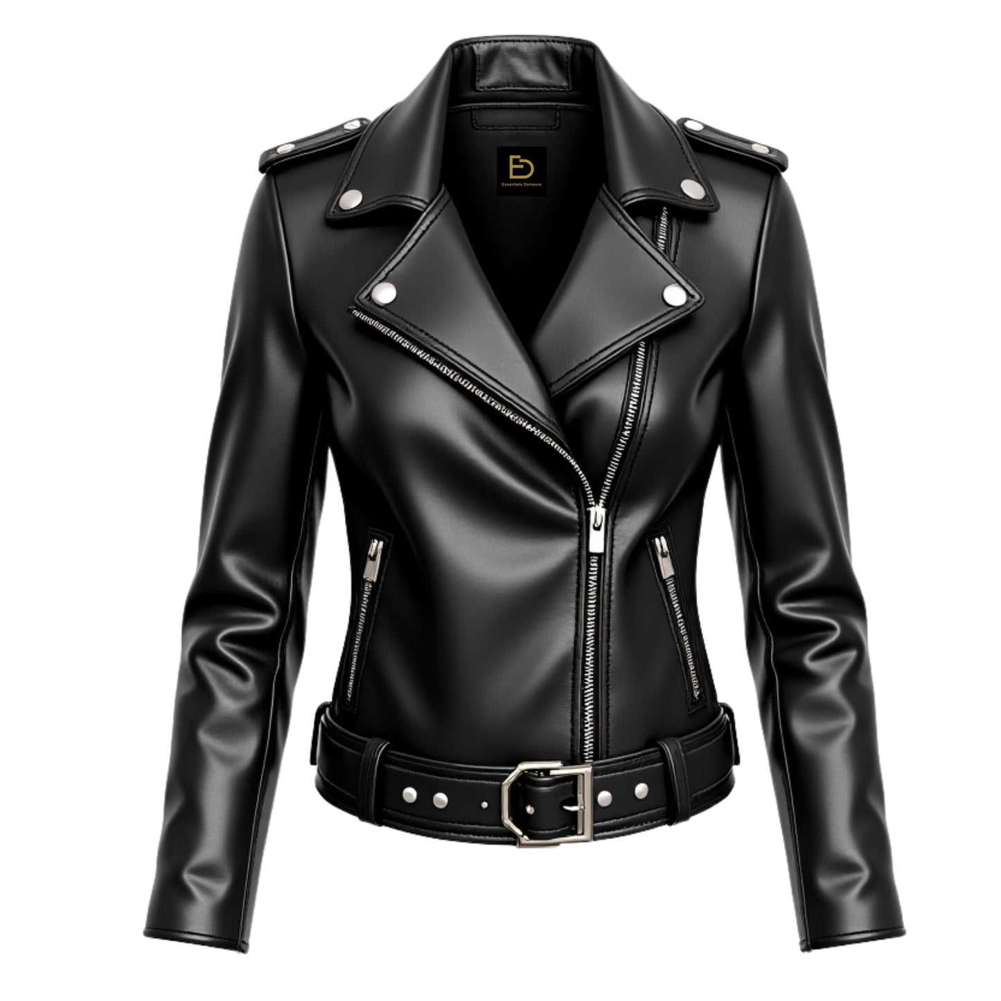 Womens Black Real Leather Asymmetrical Motorcycle Biker Jacket with Belt