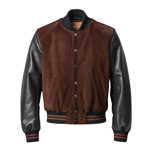 Brown Suede Varsity Jacket with Black Leather Sleeves & Striped Ribbed Trim