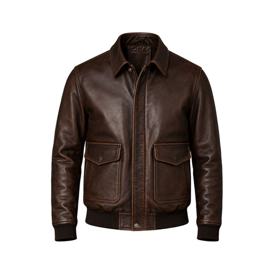 Mens Distressed Dark Brown Leather A2 Bomber Flight Jacket – Military Style Coat