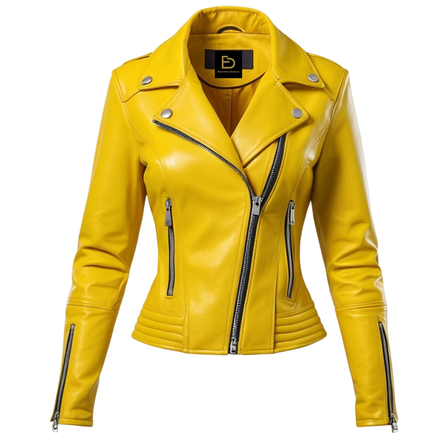 Womens Yellow Real Leather Biker Jacket – Asymmetrical Zip Slim Fit Outerwear