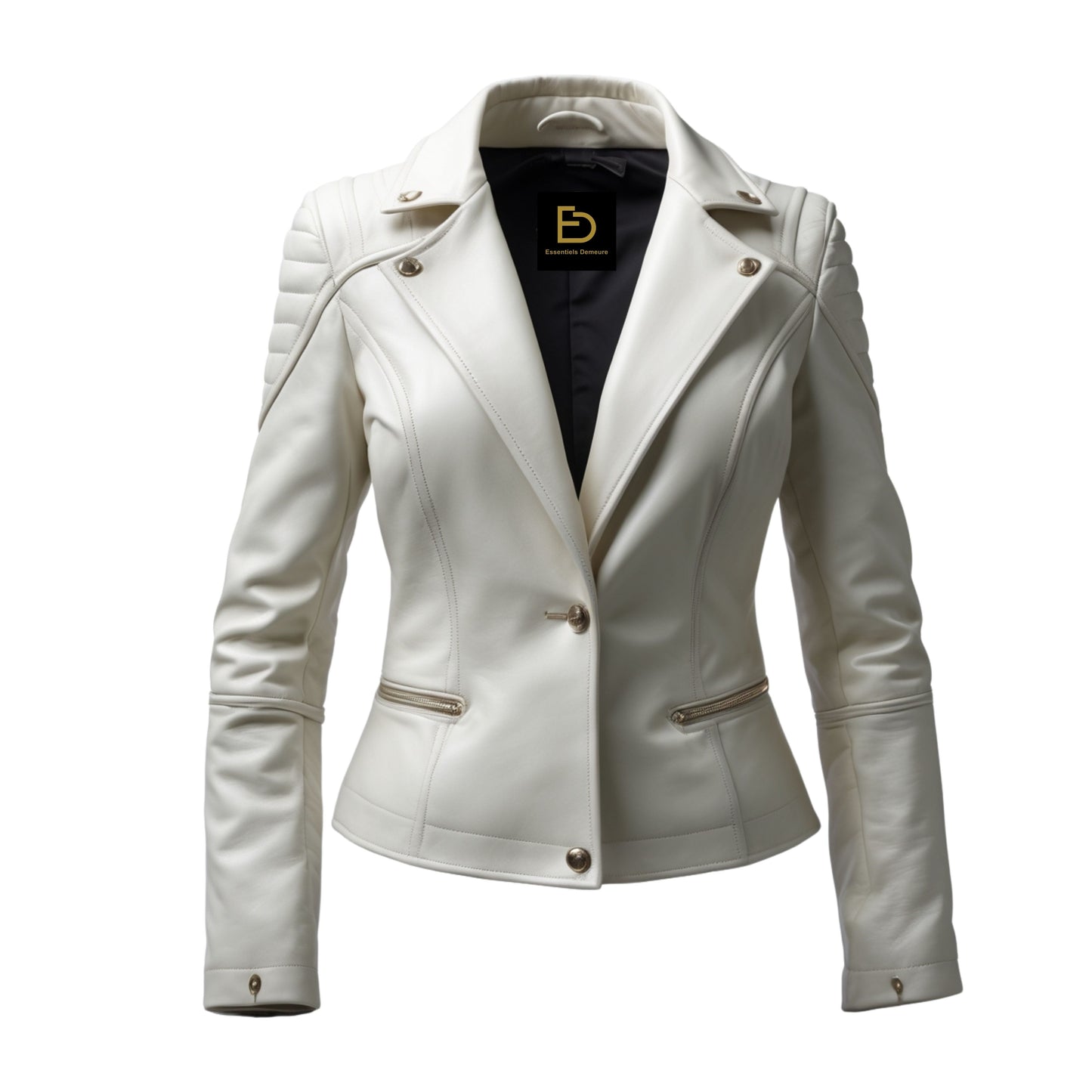 Womens Real Leather Blazer Jacket White Moto Coat Quilted Shoulders Slim Tailored Fashion Outerwear