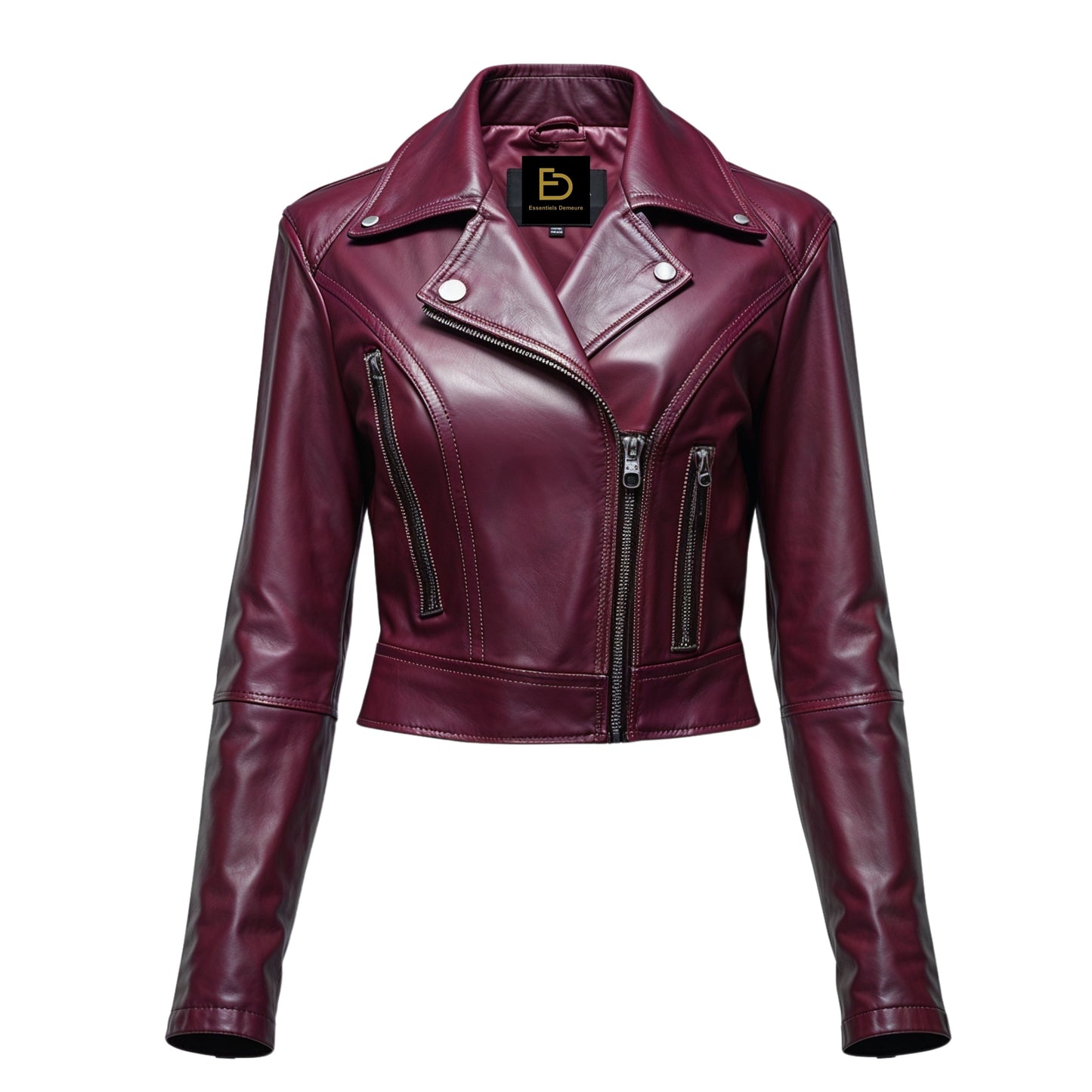 Women's Burgundy Real Leather Cropped Moto Biker Jacket – Modern Zip Front Style
