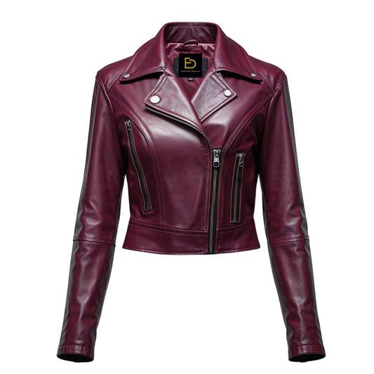 Women's Burgundy Real Leather Cropped Moto Biker Jacket – Modern Zip Front Style