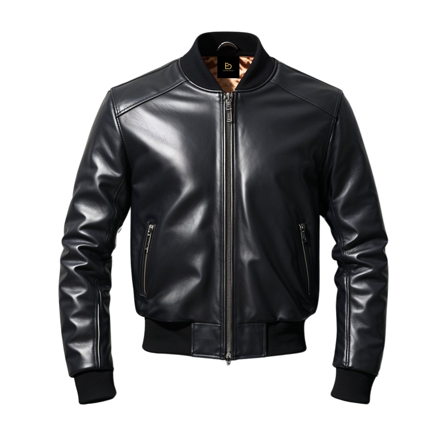 Men's Black Leather Bomber Jacket: Modern Ribbed Trim Everyday Wear