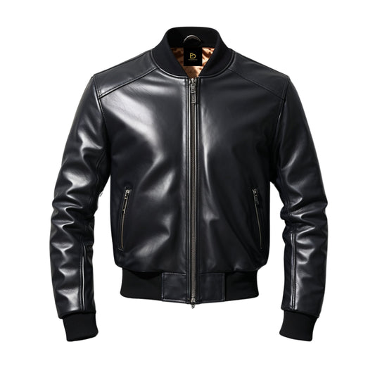 Men's Black Leather Bomber Jacket: Modern Ribbed Trim Everyday Wear