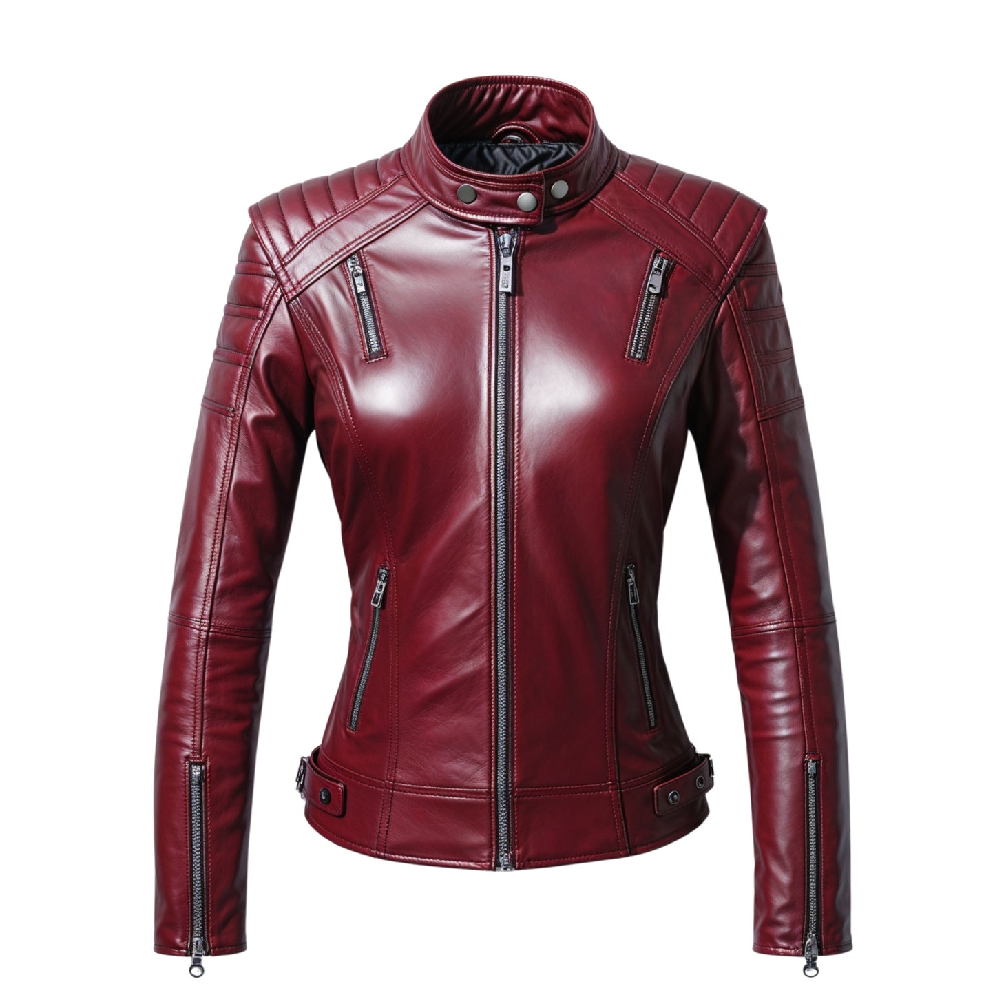 Red Leather Moto Jacket: Quilted Shoulders, Stand Collar Biker Coat