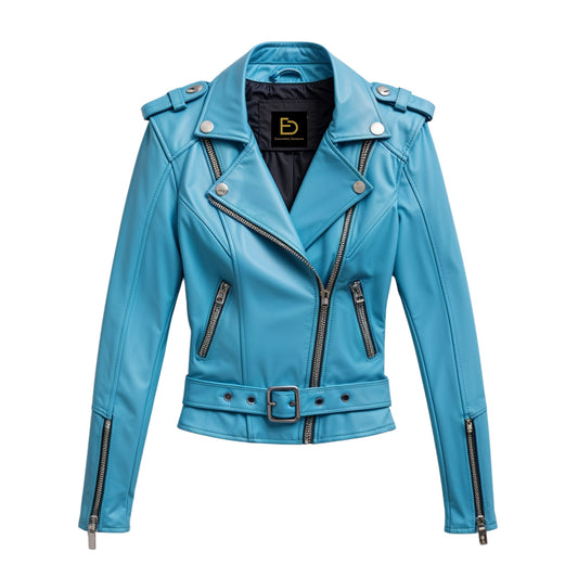 Turquoise Real Leather Biker Jacket with Silver Snaps & Belted Hem