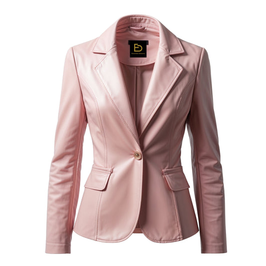 Womens Blush Pink Real Leather Blazer Jacket Tailored Fit Single Button Lapel Style