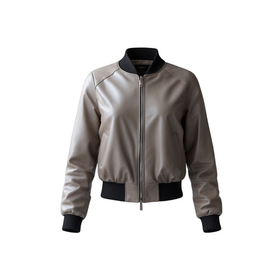 Women's Taupe Greige Real Leather Bomber Jacket – Black Ribbed Trim, Silver Zip