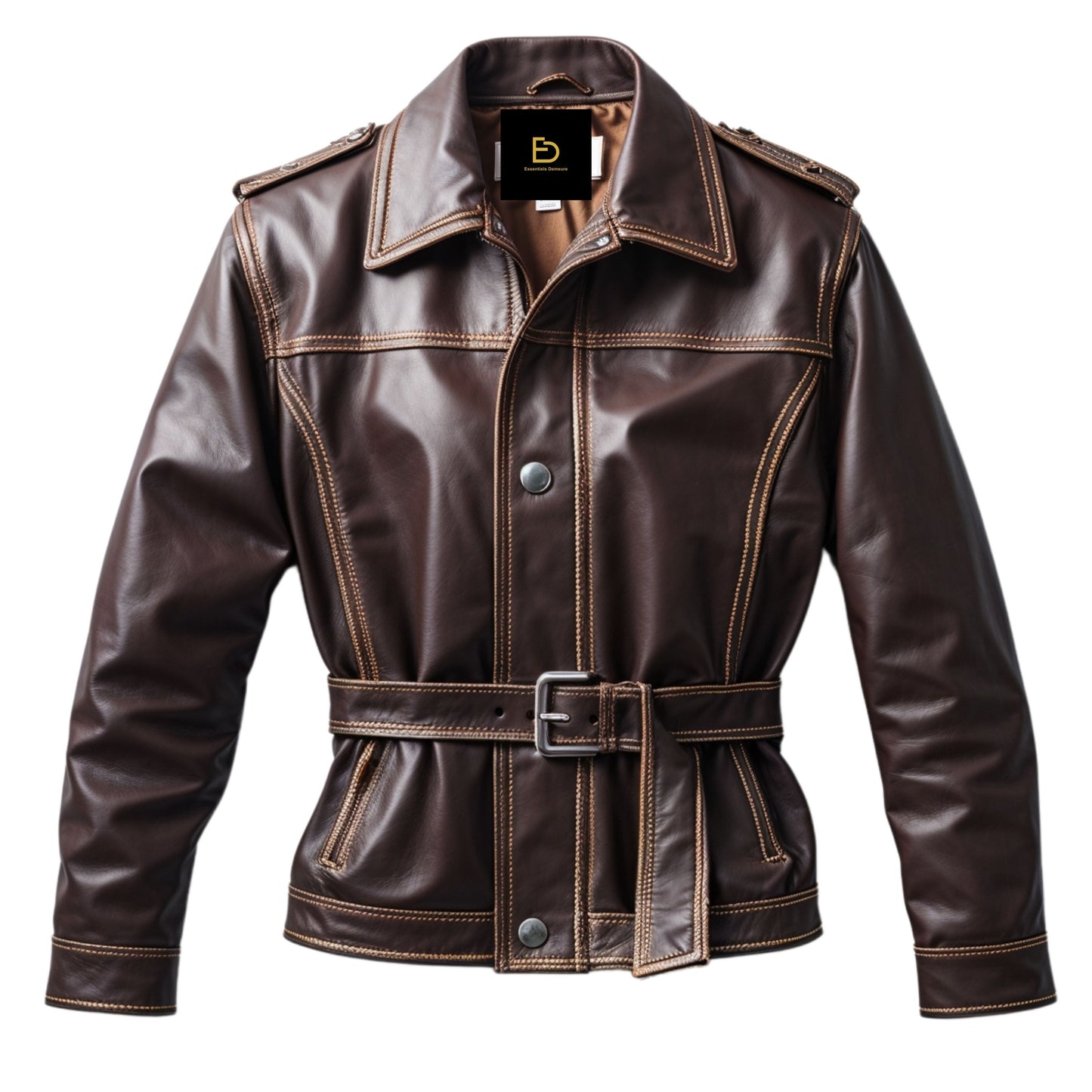 Men Brown Belted Real Leather Jacket Vintage Inspired Contrast Stitching Adjustable Waist Classic Style