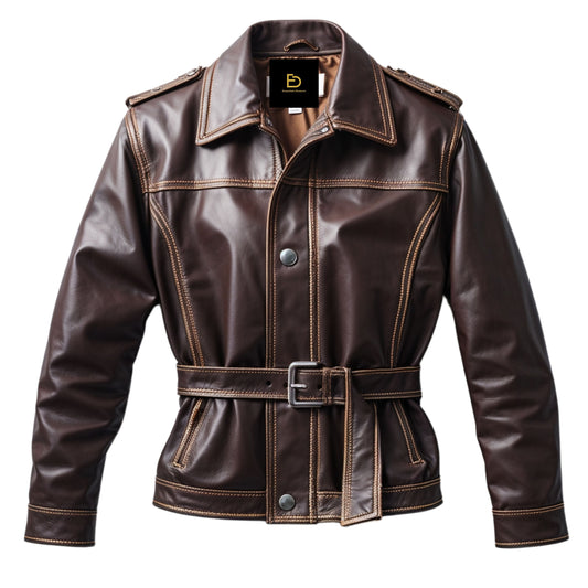 Men Brown Belted Real Leather Jacket Vintage Inspired Contrast Stitching Adjustable Waist Classic Style