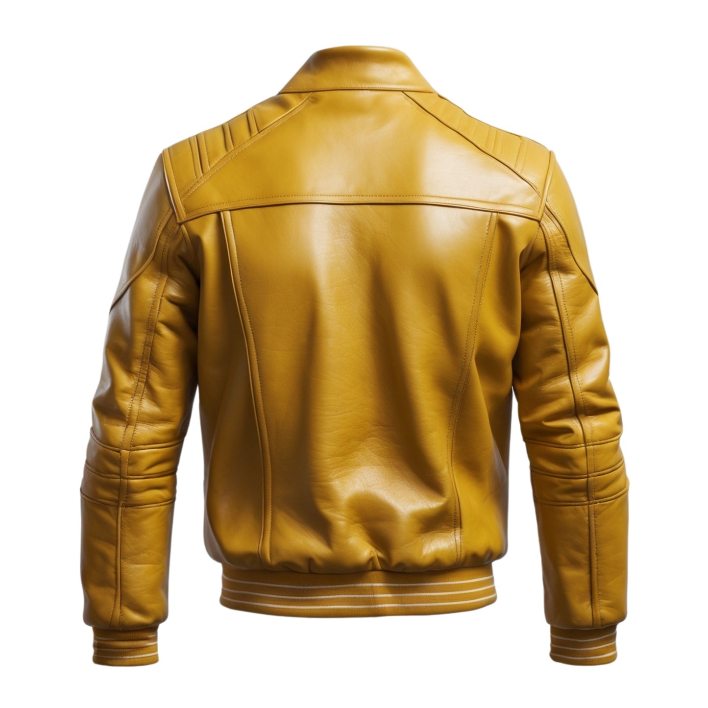 Men's Mustard Yellow Real Leather Bomber Jacket with Ribbed Knit Cuffs