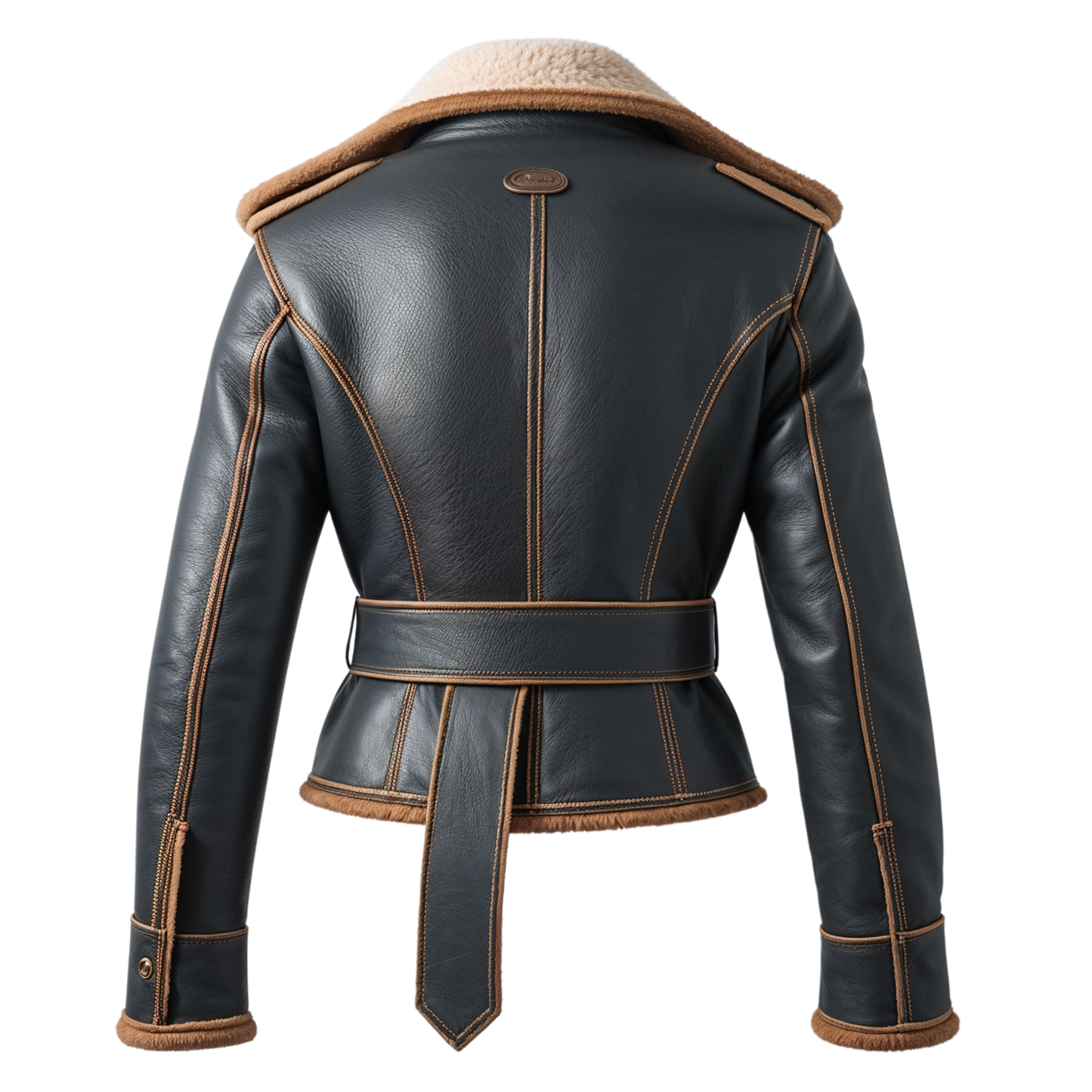 Men Real Shearling Lined Black Leather Aviator Jacket Tan Collar Modern Belted Waist Style Winter Comfort