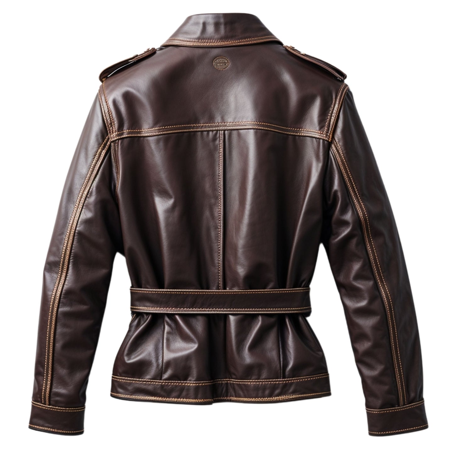 Men Brown Belted Real Leather Jacket Vintage Inspired Contrast Stitching Adjustable Waist Classic Style