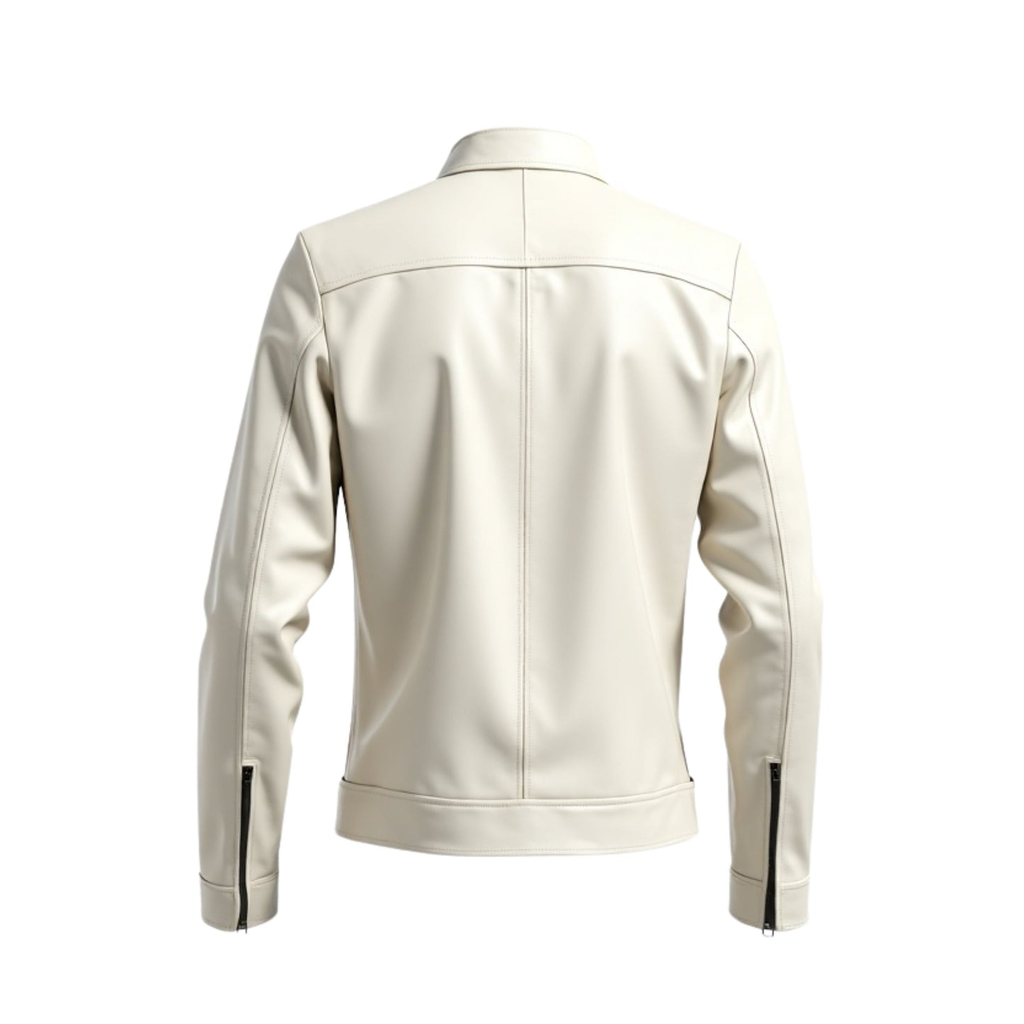Men's White Real Leather Racer Jacket with Stand Collar and Black Contrast Pockets