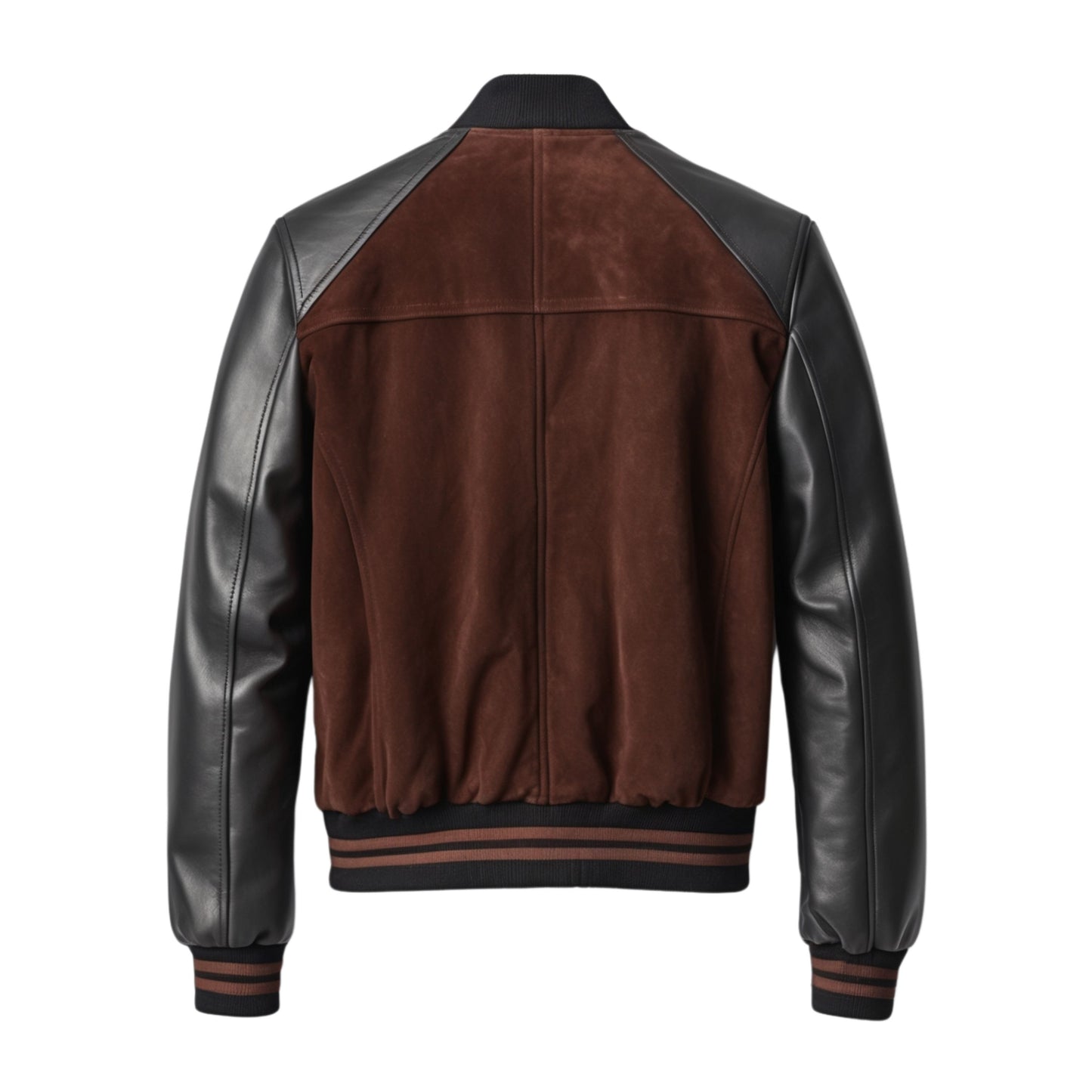 Brown Suede Varsity Jacket with Black Leather Sleeves & Striped Ribbed Trim