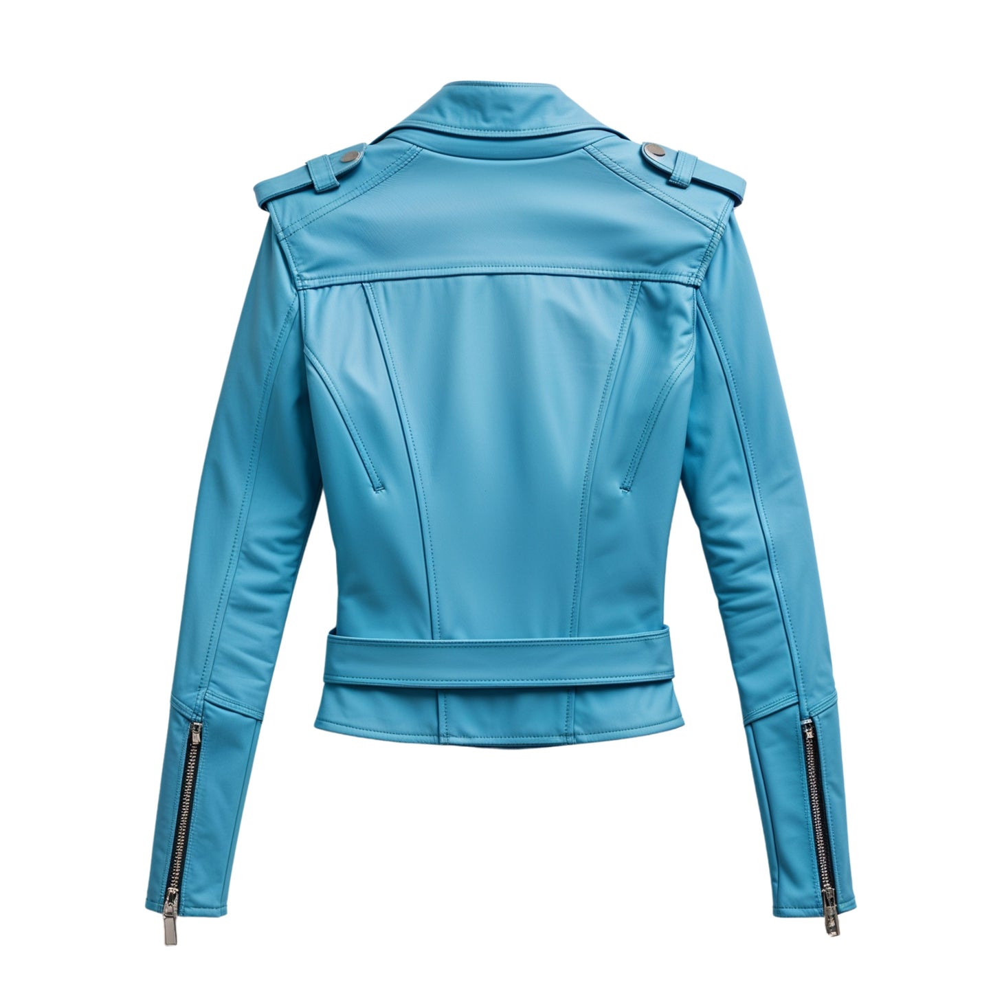 Turquoise Real Leather Biker Jacket with Silver Snaps & Belted Hem
