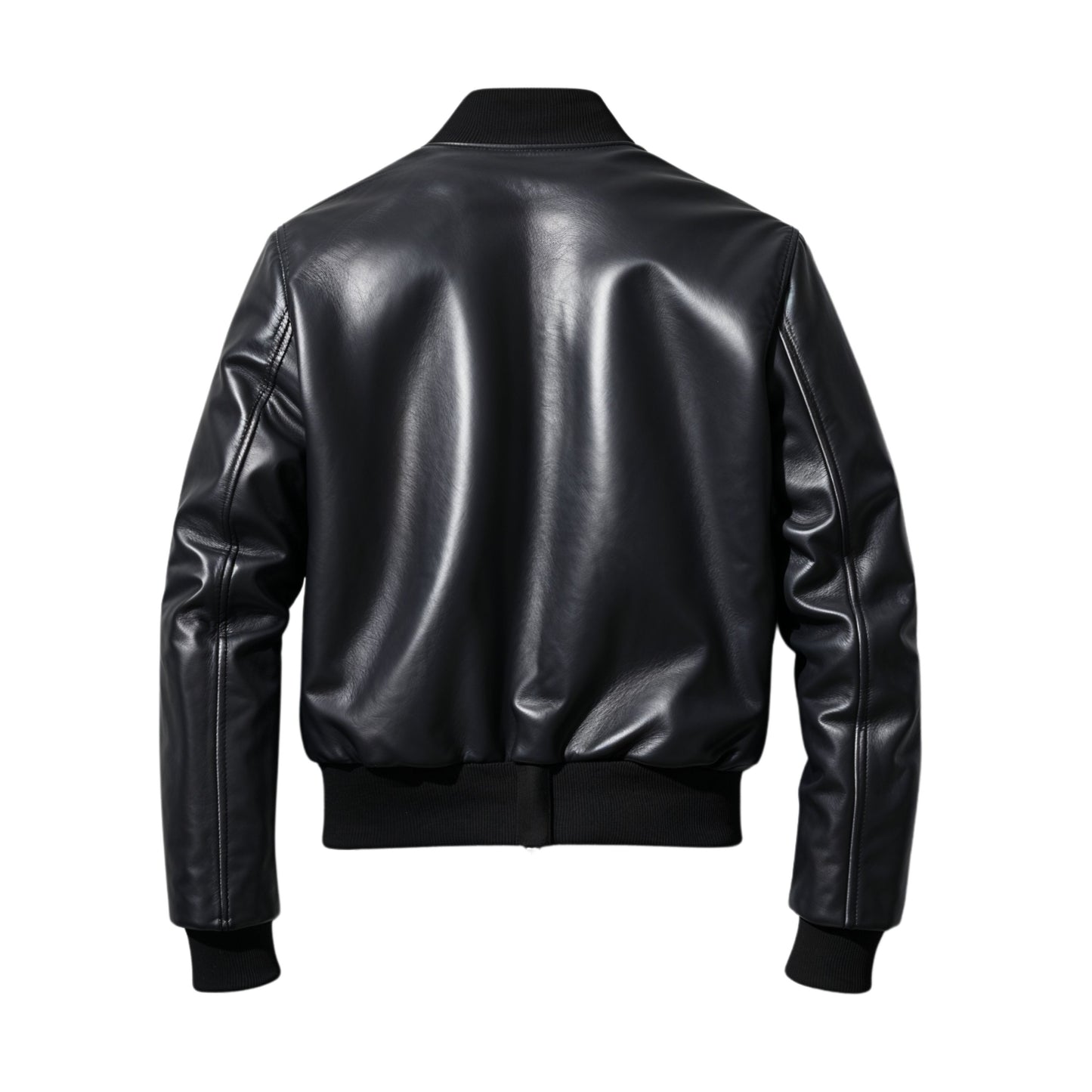 Men's Black Leather Bomber Jacket: Modern Ribbed Trim Everyday Wear