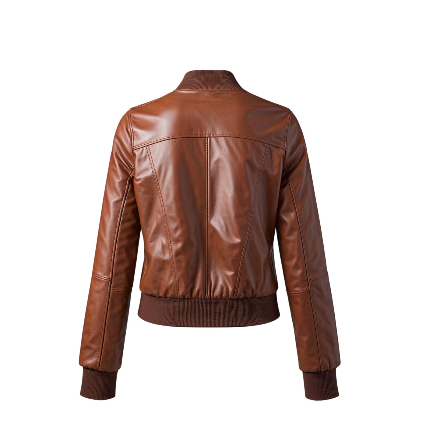 Women Cognac Brown Leather Bomber Jacket Cropped Flight Style Ribbed Collar Zip Pockets
