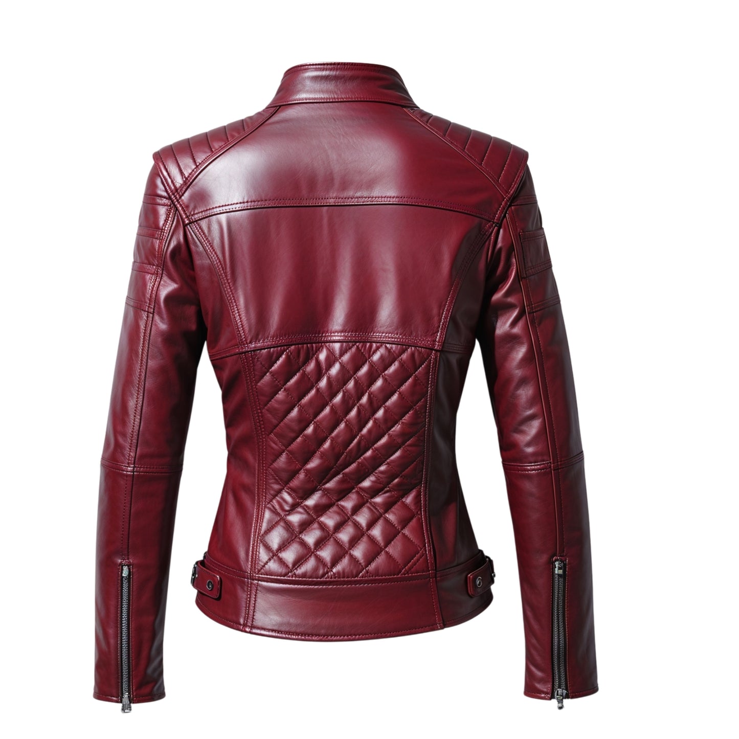 Red Leather Moto Jacket: Quilted Shoulders, Stand Collar Biker Coat