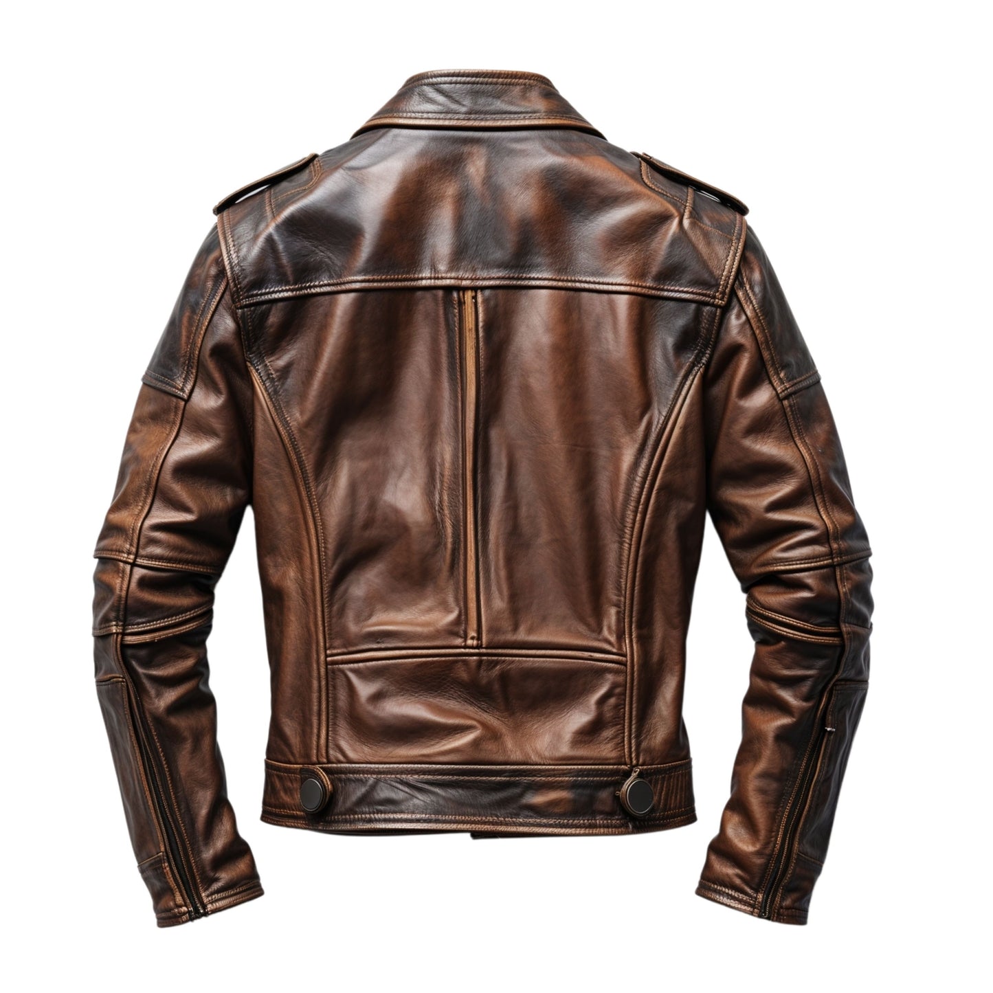 Men's Vintage Brown Real Leather Biker Jacket with Shoulder Epaulets