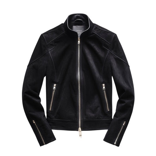 Men's Black Real Leather Moto Jacket – Slim Fit, Zip Pockets, Modern Style