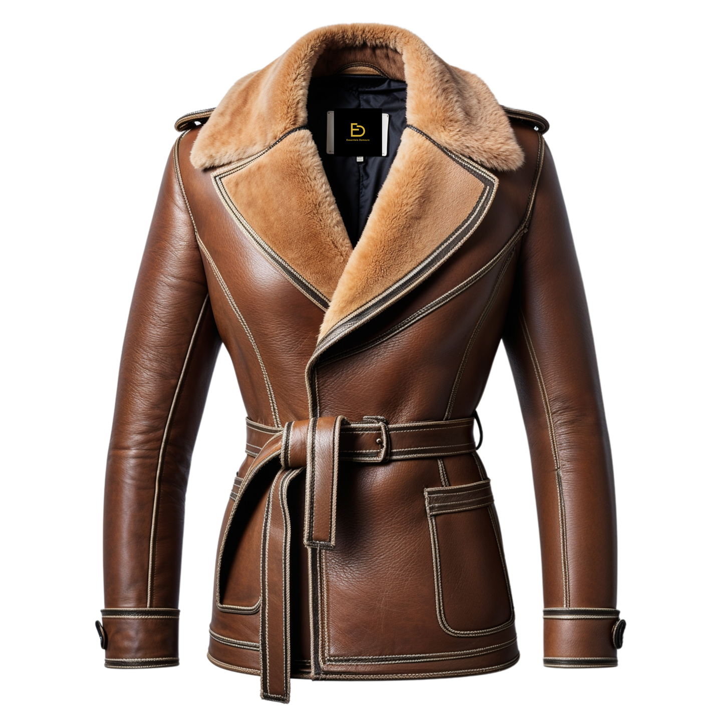 Men Belted Brown Leather Shearling Coat Wide Collar Vintage Inspired Stitching Classic Winter Style Warmth