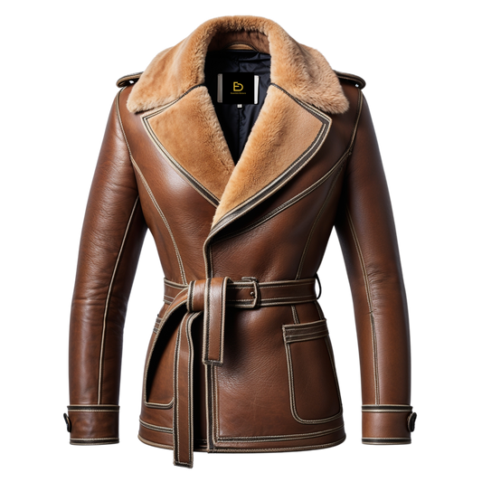 Men Belted Brown Leather Shearling Coat Wide Collar Vintage Inspired Stitching Classic Winter Style Warmth