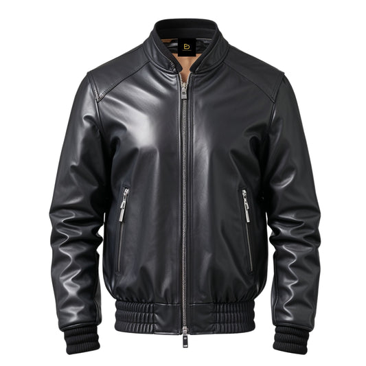 Men's Black Leather Bomber Jacket: Zip Front, Ribbed Cuffs, Modern Style Wear