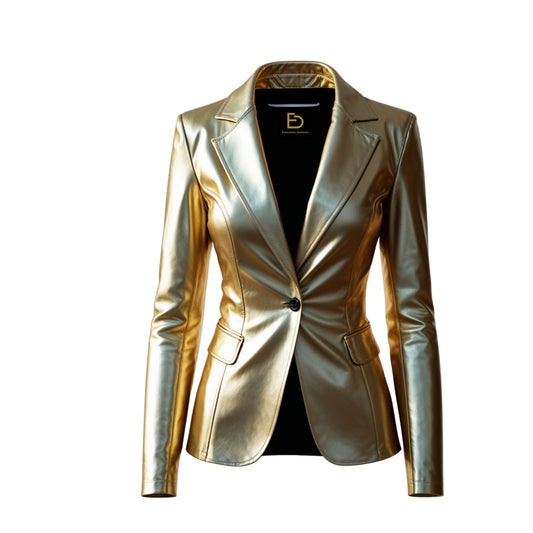 Gold Metallic Real Leather Blazer Jacket: Shiny Finish, Chic Style