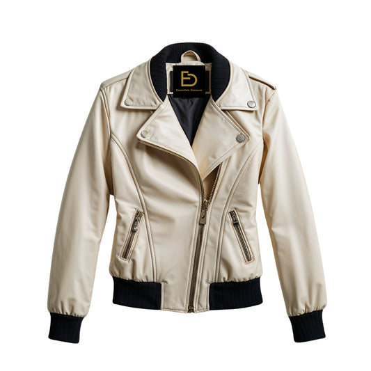Cream Real Leather Bomber Jacket with Ribbed Trim – Casual Chic Outerwear